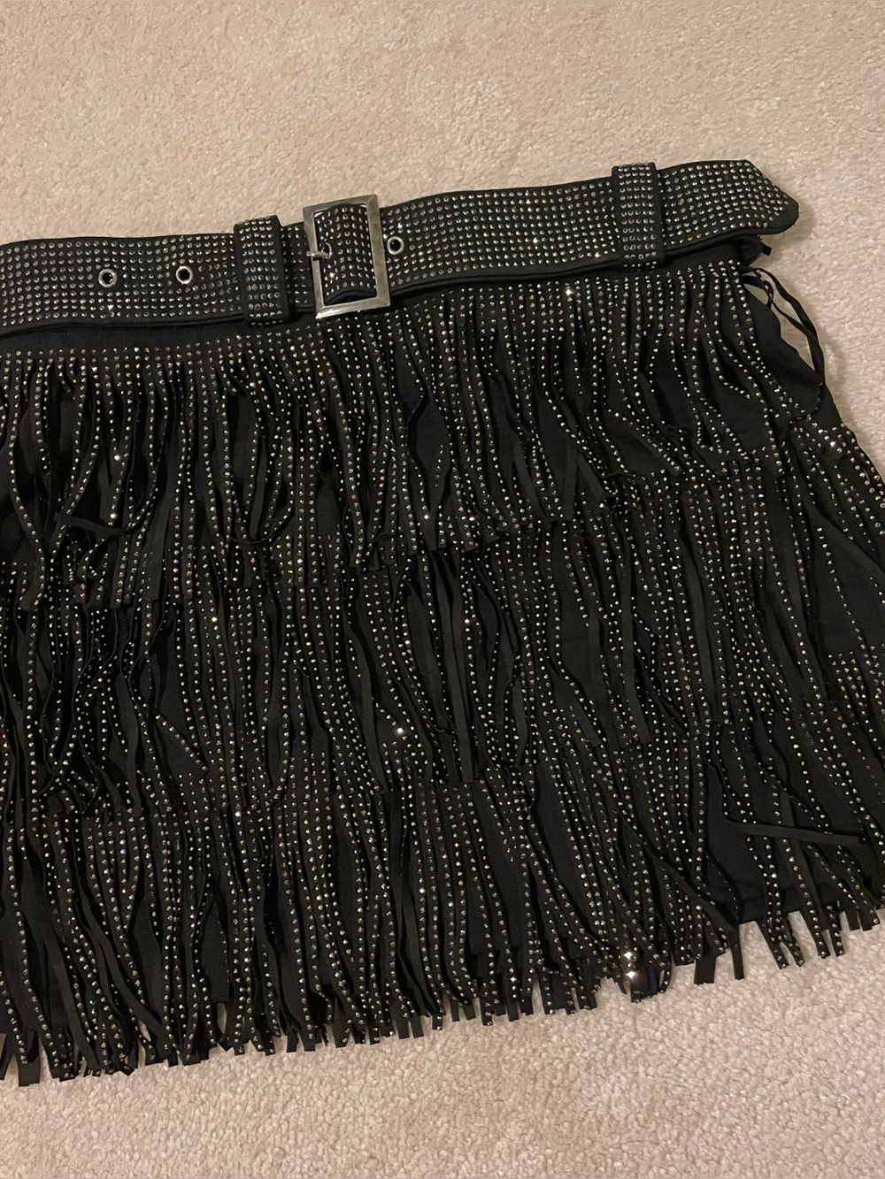Women's Black Fringed Studded Mini Skirt with Belt-small NWOT